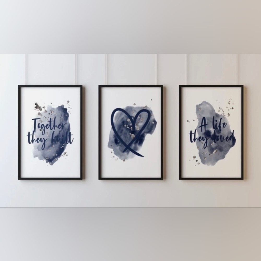 New Set Of 3 Abstract Blue Heart Art Print Set